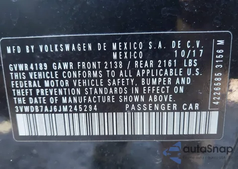 2018 Volkswagen Jetta 1.4T Se/1.4T Wolfsburg Edition from USA, damaged, VIN 3VWDB7AJ6JM245294